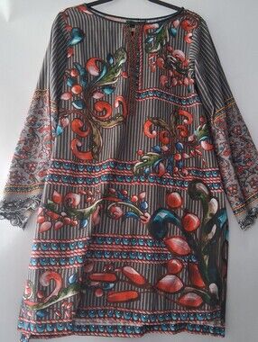 Kurta Tunic Top with Grey Stripes And Coral Floral Accents
